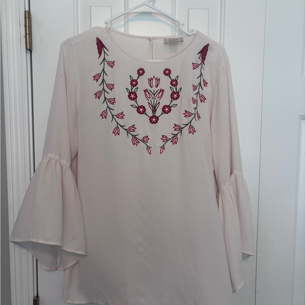 LOFT Cream Blouse with Red Floral Embroidery